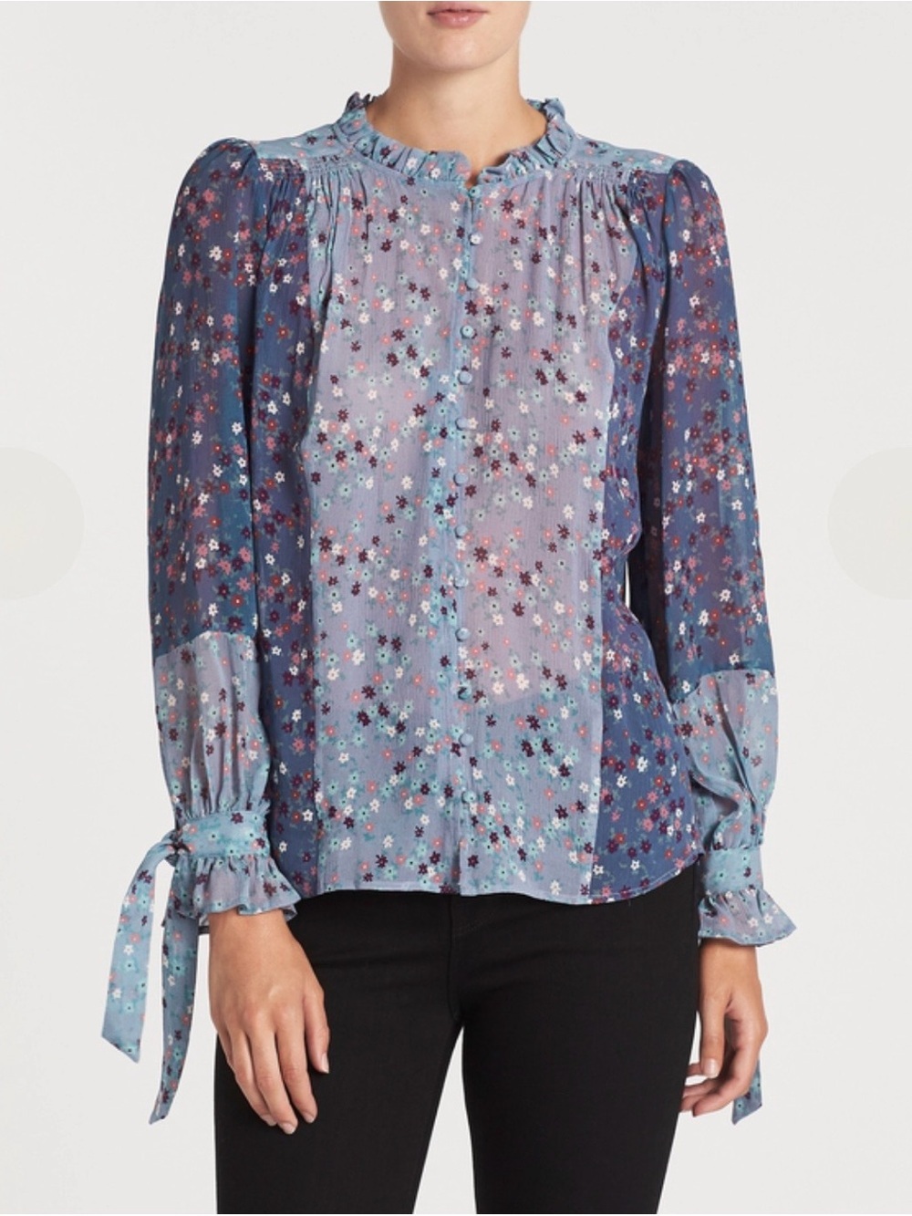PAIGE Dorothy Silk Sheer Ruffled Blouse In Crown Blue Floral Tie Cuffs Sz M